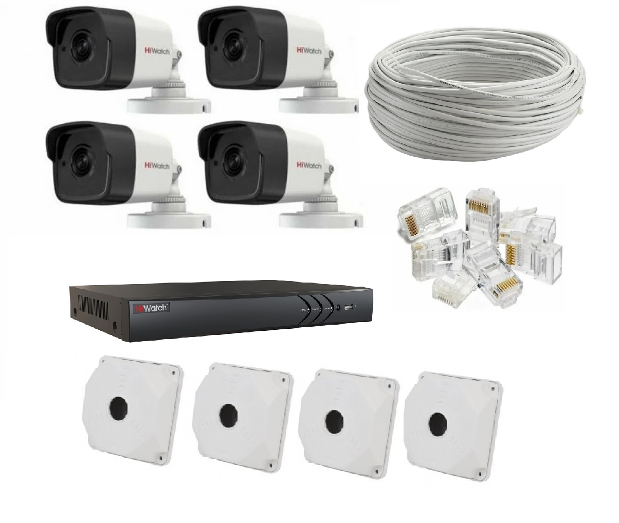 Комплект системы видеонаблюдения на 4 уличные IP камеры 2Mpix+DS-N304P(B)+UTP+Atis+RJ45 (без HDD)